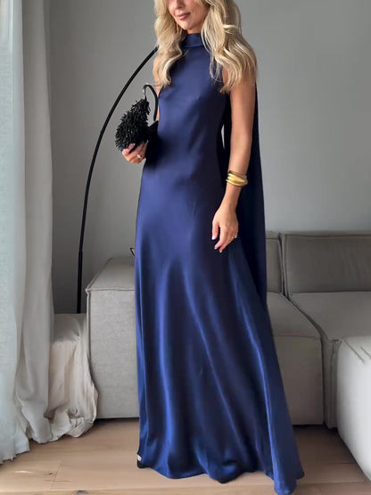 Vestido maxi de satén azul real sin mangas