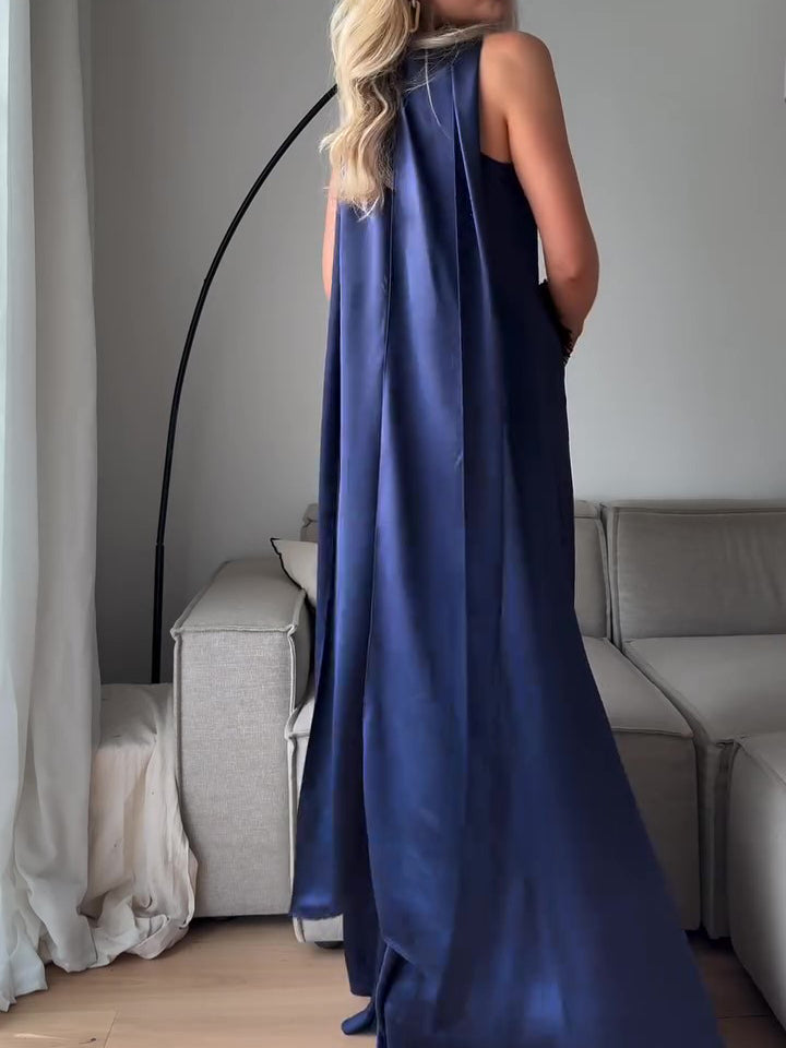Vestido maxi de satén azul real sin mangas