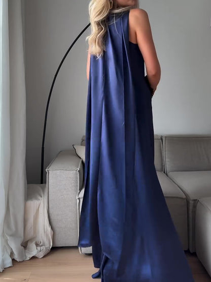 Vestido maxi de satén azul real sin mangas