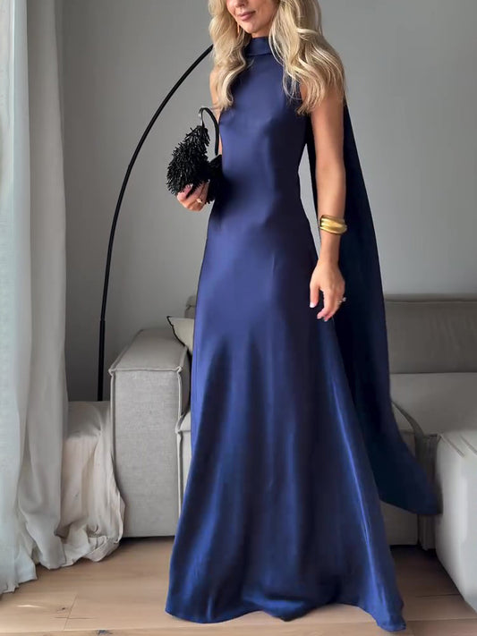Vestido maxi de satén azul real sin mangas