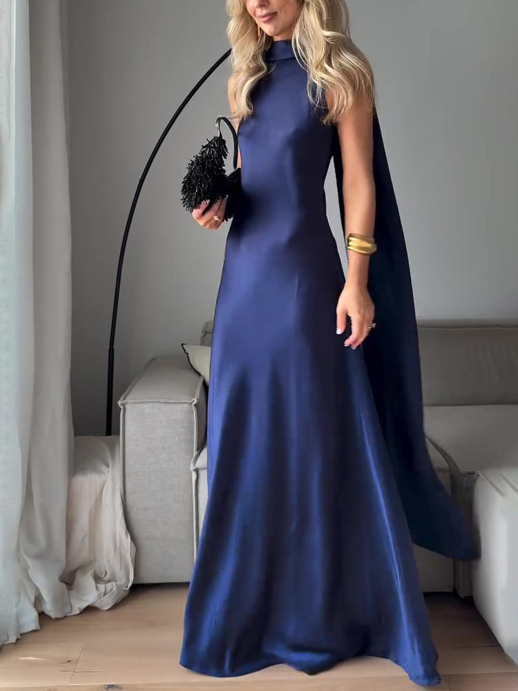 Vestido maxi de satén azul real sin mangas